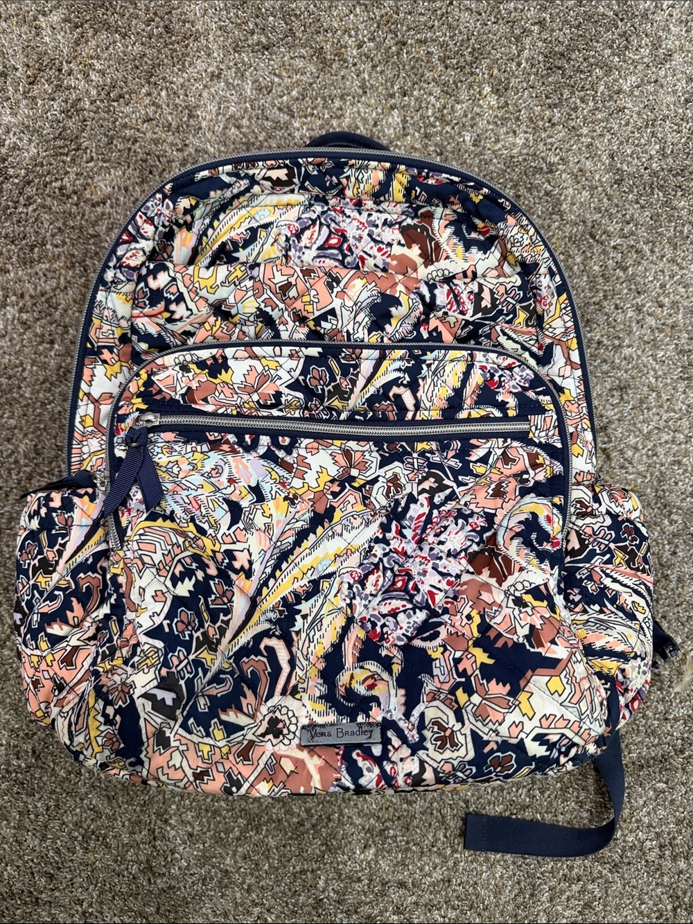 Vera Bradley Multicolor Paisley Print Backpack with Navy Trim. Very Large.